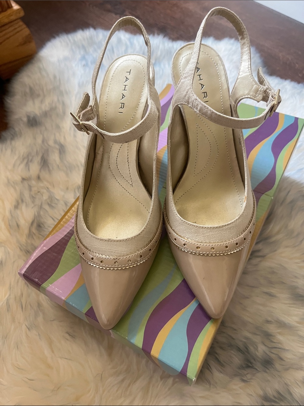 Tahari Nude Pointed-Toe Slingback Mules
